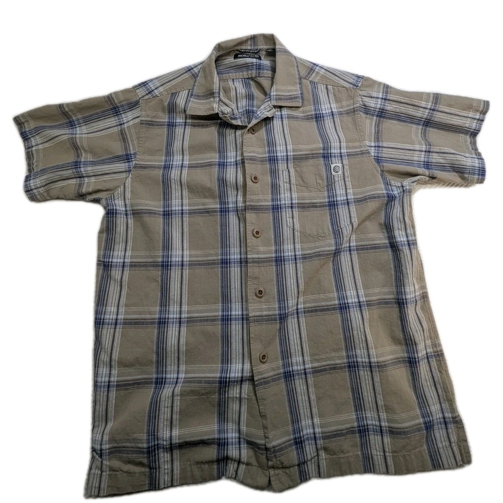 Solaris Men's Medium Plaid Camp Shirt Short Sleeve Tan Blue 100% Cotton